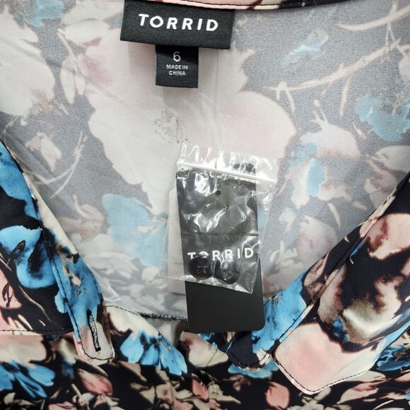 Torrid Midi Dress Womens 6X Black Floral Elastic Waist Button Up Long Sleeves - Picture 5 of 9